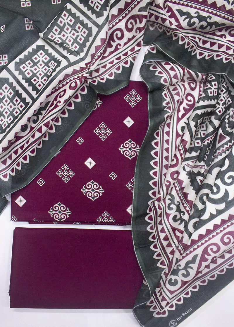 3 Piece Printed Maroon Color Unstitched Suit