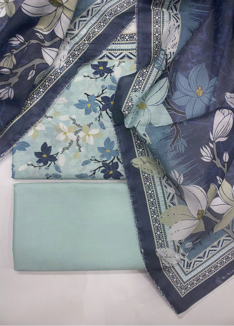 3 Piece Printed Blue Color Unstitched Suit