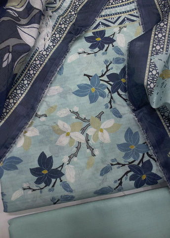 3 Piece Printed Blue Color Unstitched Suit