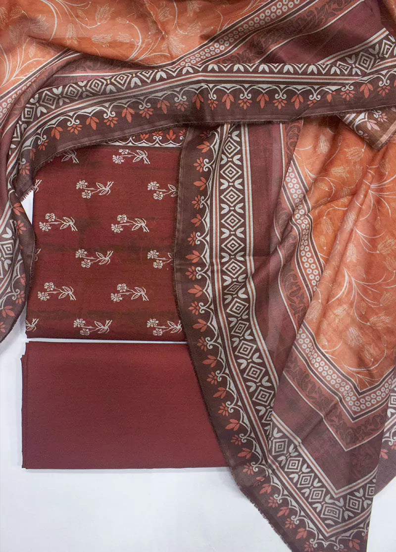 3 Piece Printed Rust Color Unstitched Suit