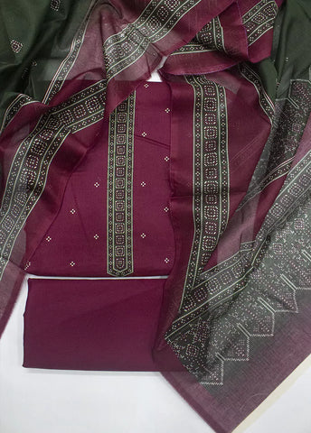 3 Piece Printed Red & Green Color Unstitched Suit