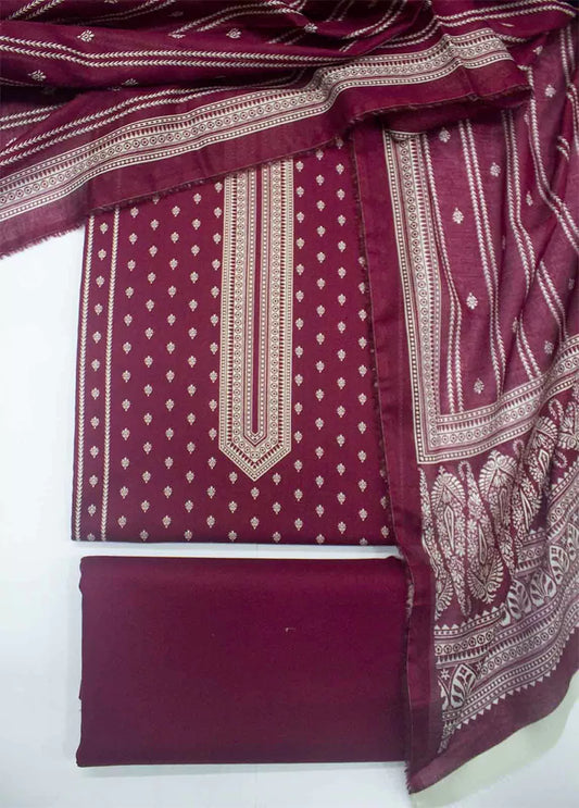 3 Piece Printed Red Color Unstitched Suit