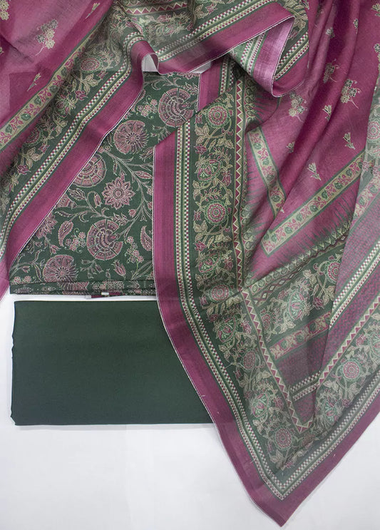 3 Piece Printed Green & Pink Color Unstitched Suit