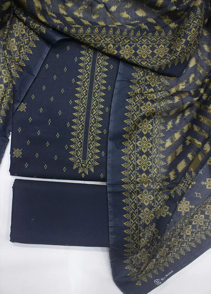 3 Piece Printed Navy Blue Color Unstitched Suit