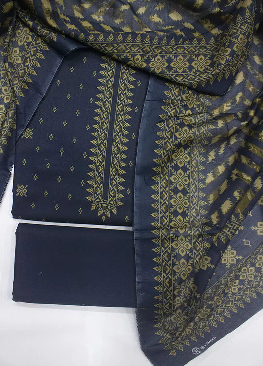 3 Piece Printed Navy Blue Color Unstitched Suit