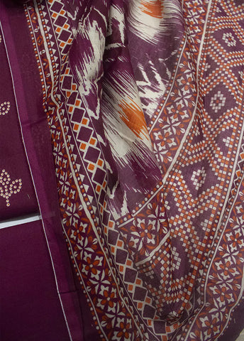 3 Piece Printed Maroon Color Unstitched Suit