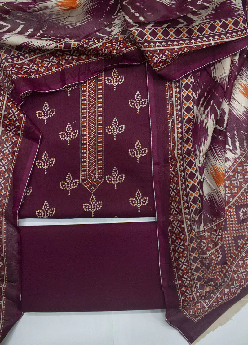 3 Piece Printed Maroon Color Unstitched Suit