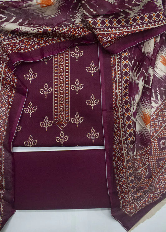3 Piece Printed Maroon Color Unstitched Suit