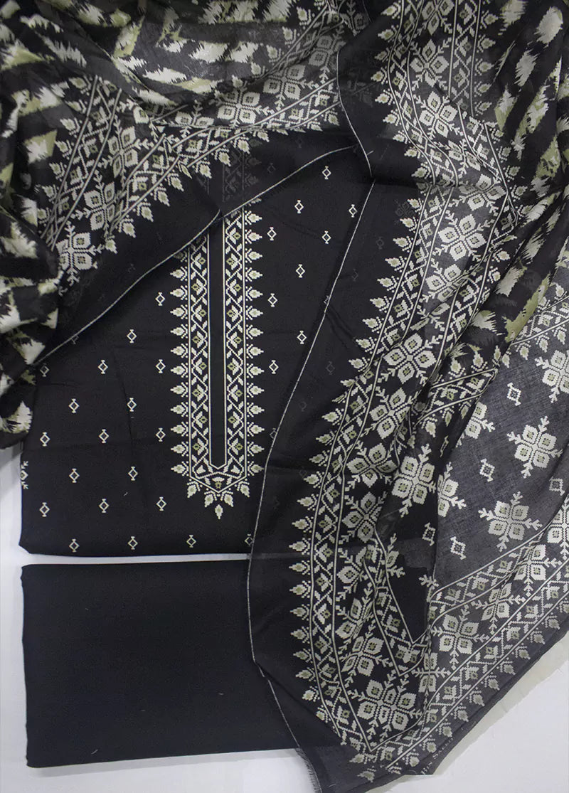 3 Piece Printed Black Color Unstitched Suit