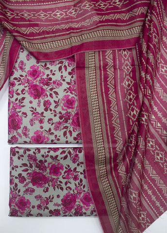 3 Piece Printed Pink & Grey Color Unstitched Suit