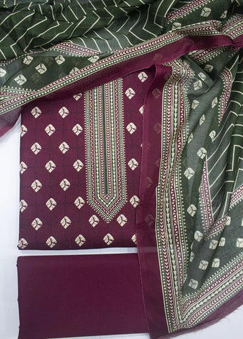 3 Piece Printed Maroon Color Unstitched Suit