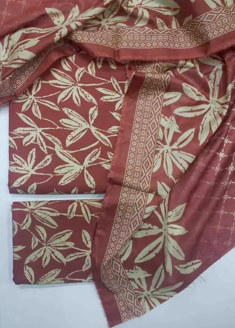 3 Piece Printed Coral Pink Color Unstitched Suit