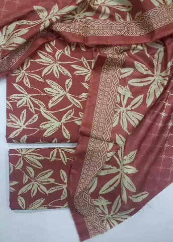 3 Piece Printed Coral Pink Color Unstitched Suit