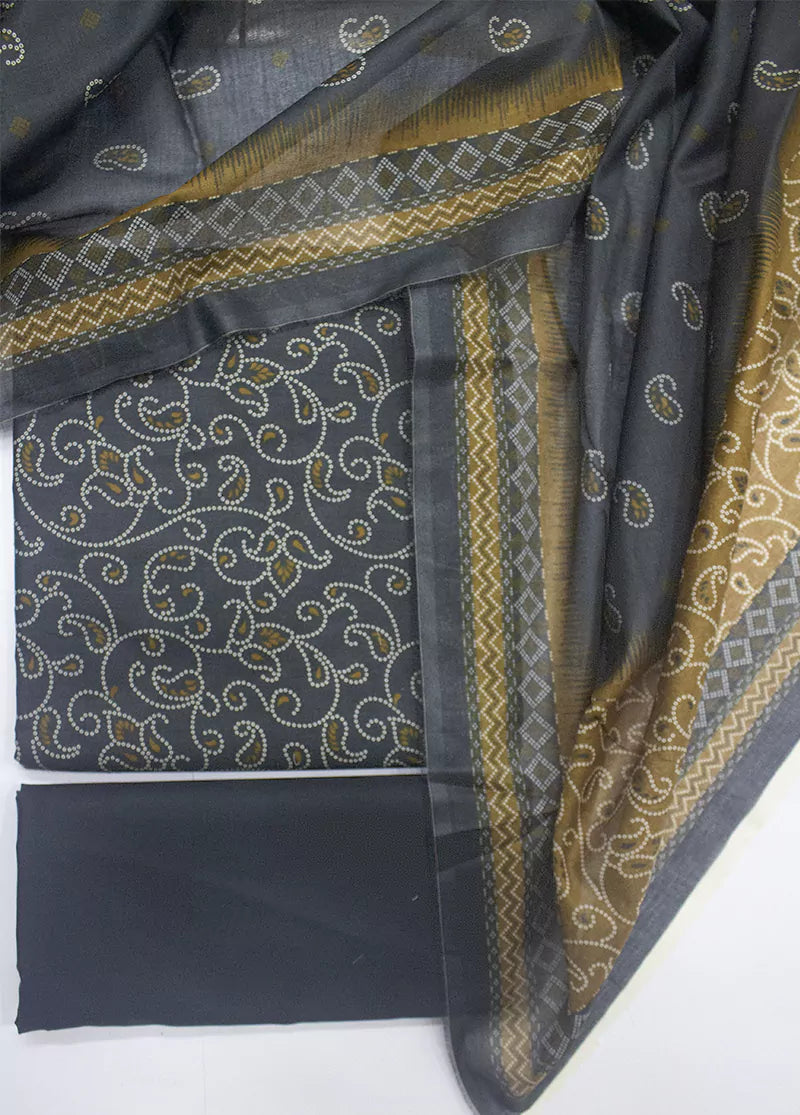 3 Piece Printed Grey Color Unstitched Suit