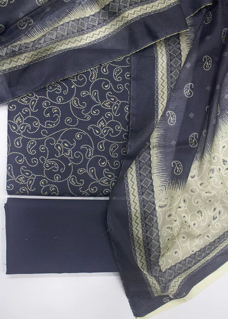 3 Piece Printed Charcoal Black Color Unstitched Suit