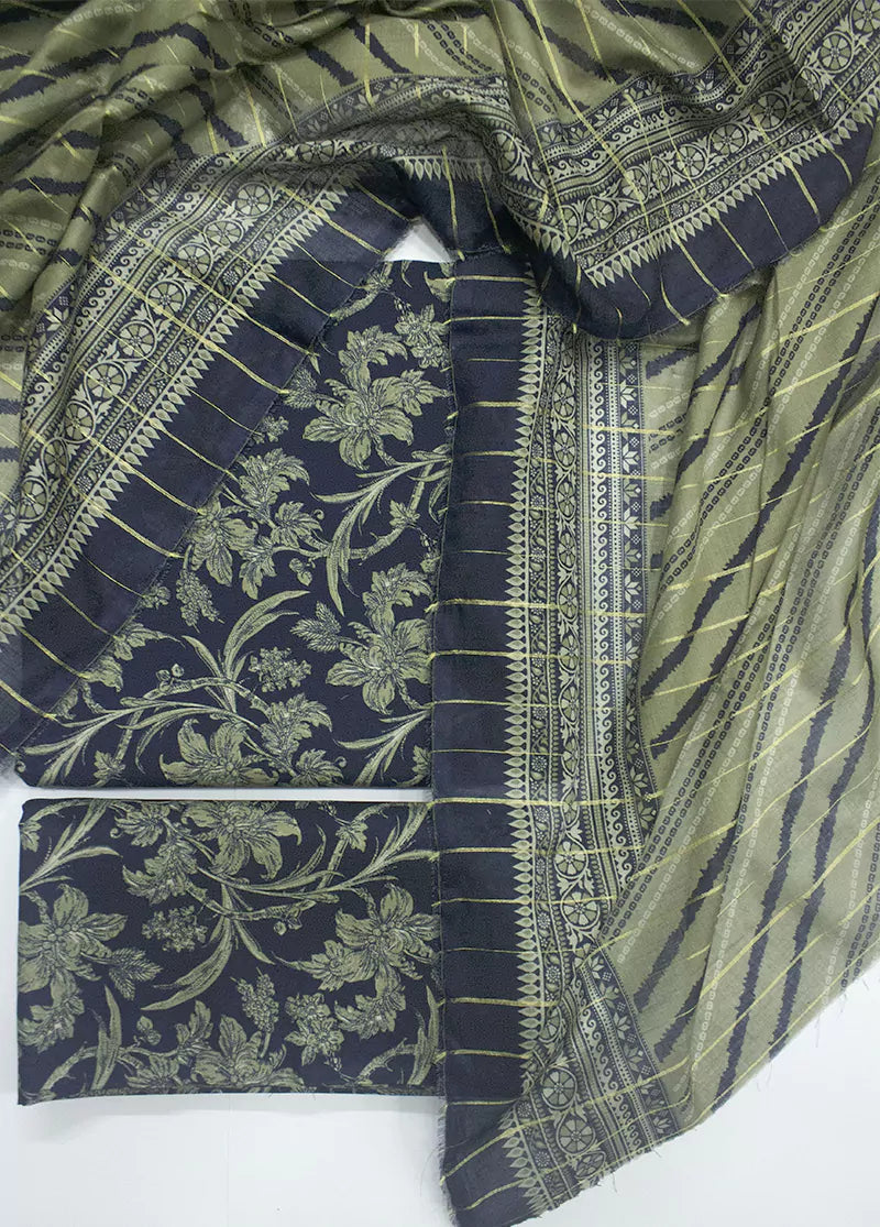 3 Piece Printed Navy Blue Color Unstitched Suit