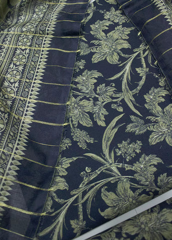 3 Piece Printed Navy Blue Color Unstitched Suit