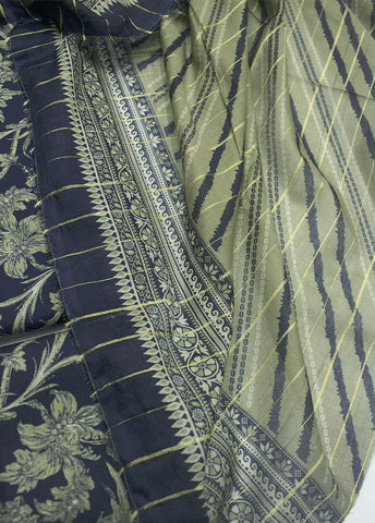 3 Piece Printed Navy Blue Color Unstitched Suit