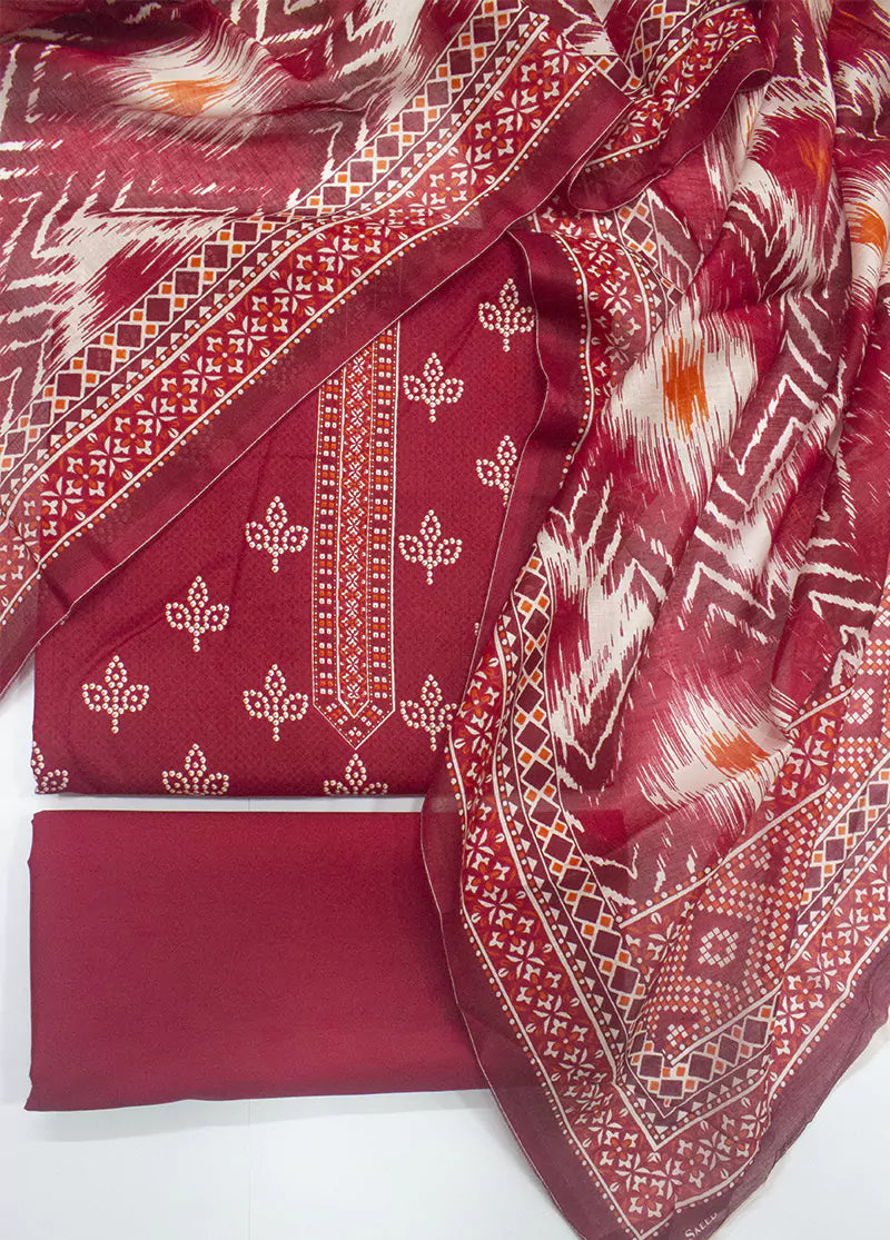 3 Piece Printed Scarlet Red Color Unstitched Suit