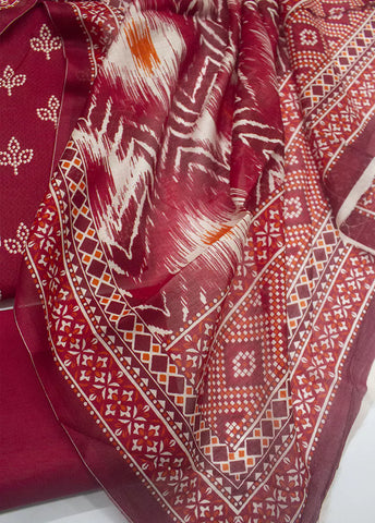 3 Piece Printed Scarlet Red Color Unstitched Suit