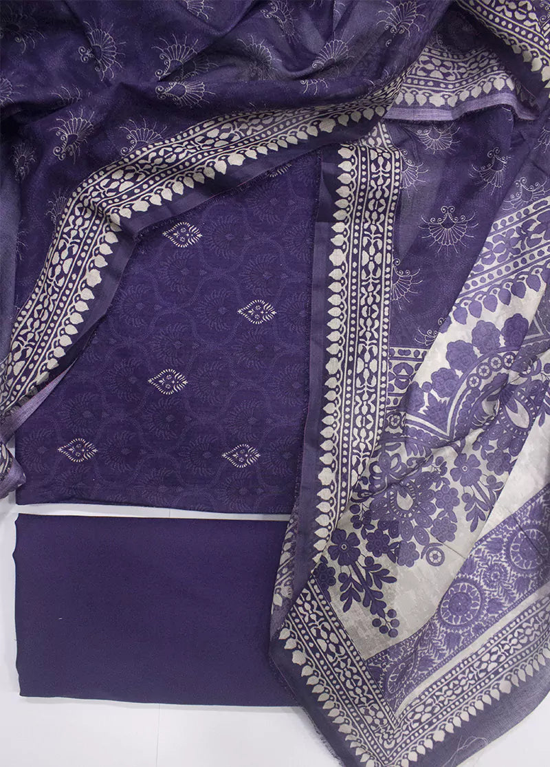 3 Piece Printed Purple Color Unstitched Suit