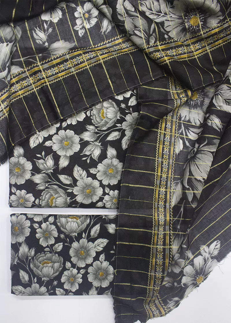 3 Piece Printed Black Color Unstitched Suit