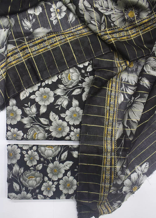 3 Piece Printed Black Color Unstitched Suit