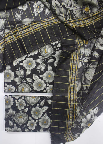 3 Piece Printed Black Color Unstitched Suit