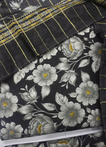 3 Piece Printed Black Color Unstitched Suit