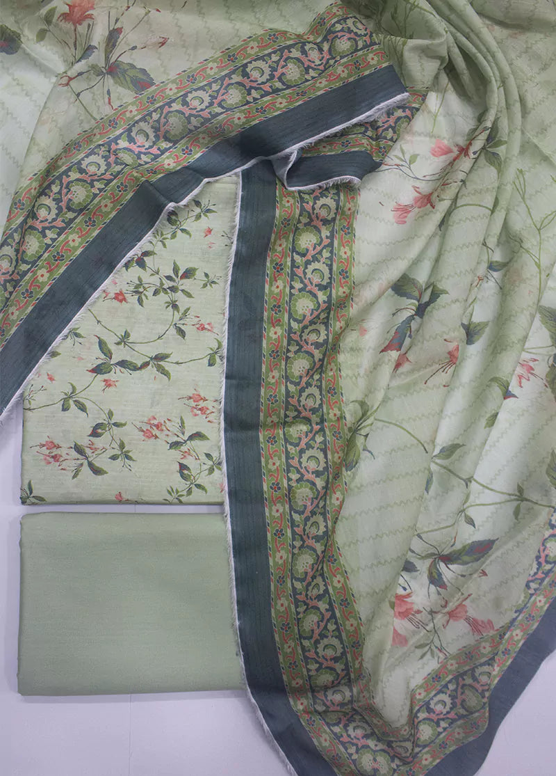 3 Piece Printed Pastel Green Color Unstitched Suit