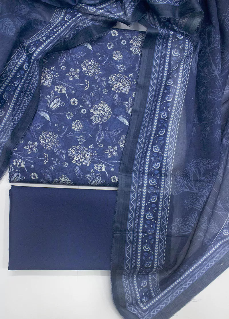 3 Piece Printed Blue Color Unstitched Suit