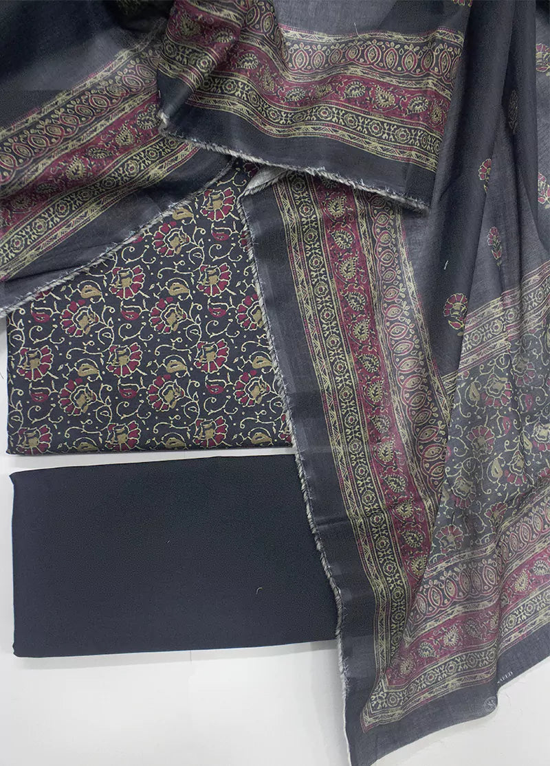 3 Piece Printed Black Color Unstitched Suit