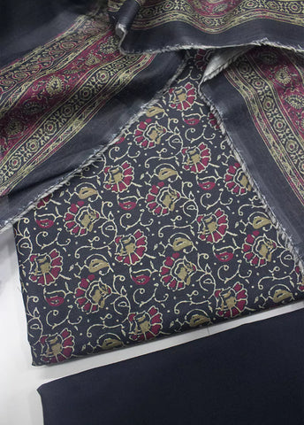 3 Piece Printed Black Color Unstitched Suit