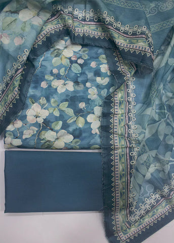 3 Piece Printed Blue Color Unstitched Suit