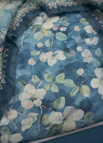 3 Piece Printed Blue Color Unstitched Suit