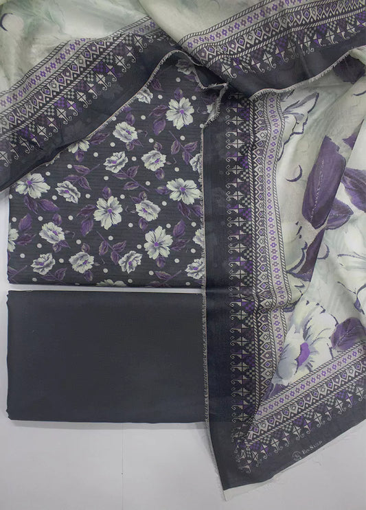 3 Piece Printed Black Color Unstitched Suit