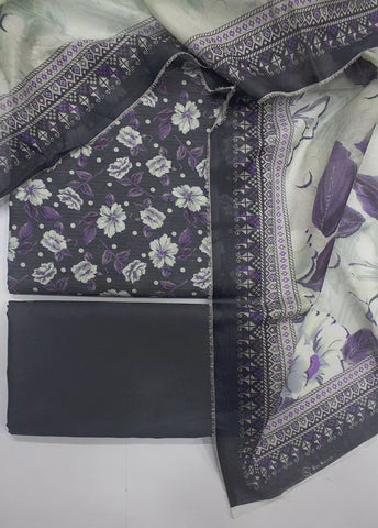 3 Piece Printed Black Color Unstitched Suit