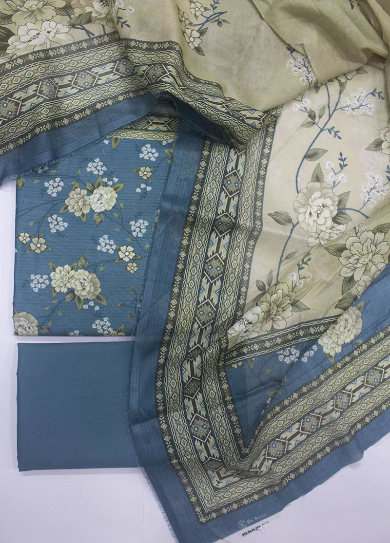 3 Piece Printed Sapphire Blue Color Unstitched Suit