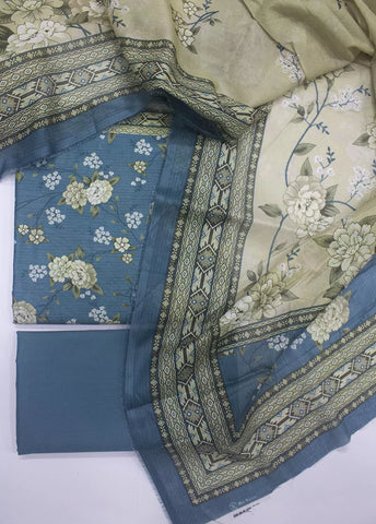3 Piece Printed Sapphire Blue Color Unstitched Suit