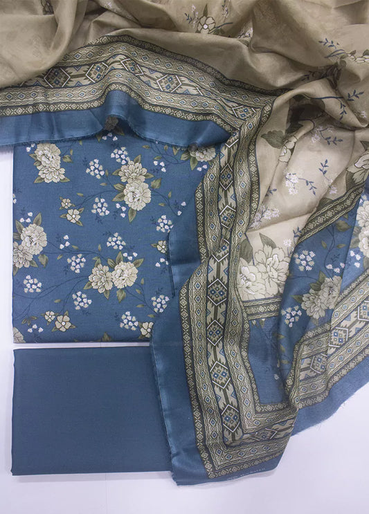 3 Piece Printed Tiffany Blue Color Unstitched Suit