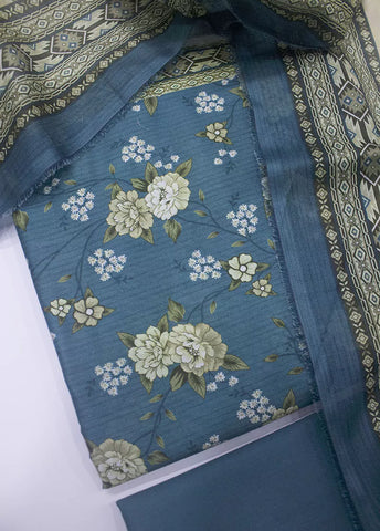 3 Piece Printed Sapphire Blue Color Unstitched Suit