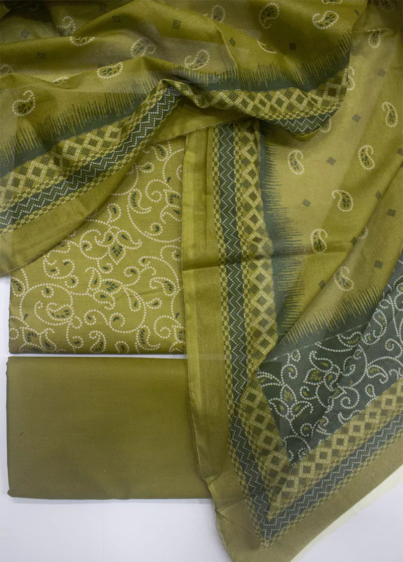 3 Piece Printed Chartreuse Yellow Color Unstitched Suit
