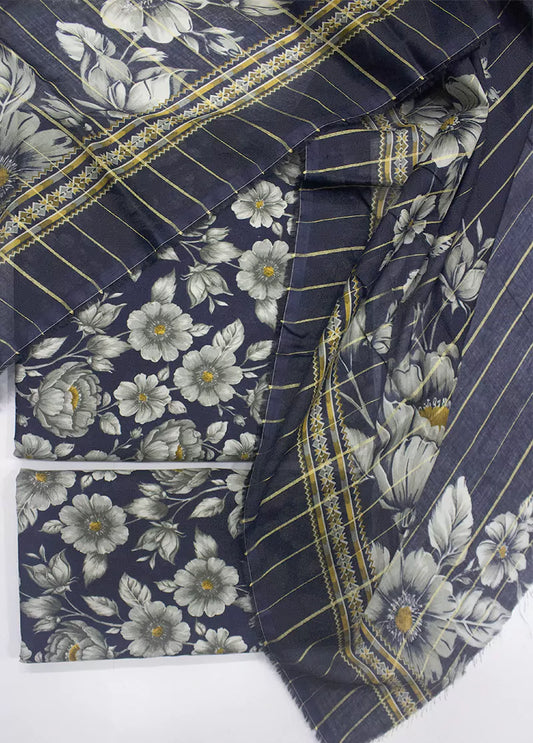 3 Piece Printed Navy Blue Color Unstitched Suit