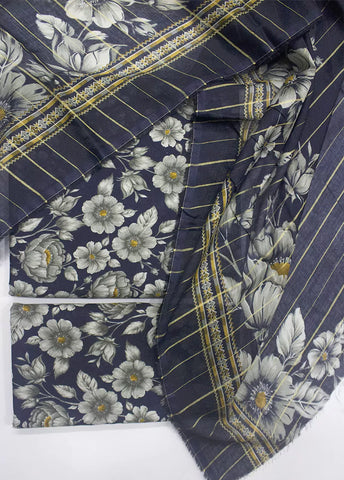 3 Piece Printed Navy Blue Color Unstitched Suit