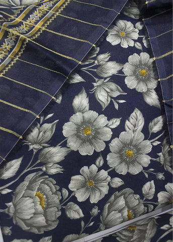 3 Piece Printed Navy Blue Color Unstitched Suit