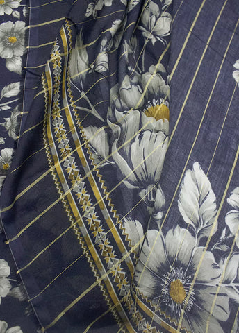 3 Piece Printed Navy Blue Color Unstitched Suit