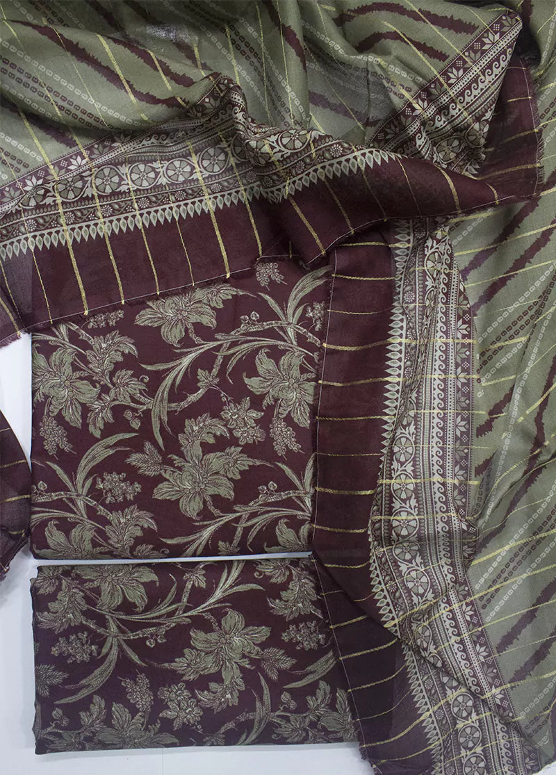 3 Piece Printed Maroon Color Unstitched Suit