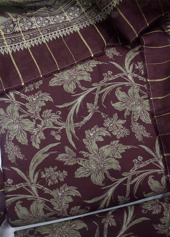 3 Piece Printed Maroon Color Unstitched Suit