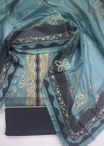 3 Piece Printed Fiffany Blue Color Unstitched Suit