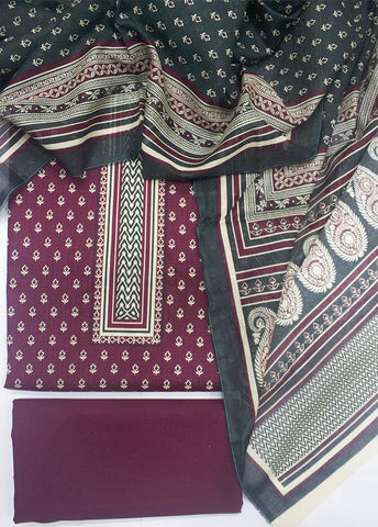3 Piece Printed Maroon Color Unstitched Suit